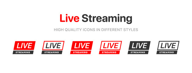 Poster - Live streaming icon set. Set of live stream icons. Set of video broadcasting icon.. Button, red symbols for TV, news, movies, shows. Online stream icons.