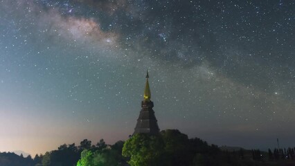 Wall Mural - time lapse 4k of the milky way galaxy moving over a sacred temple at doi inthanon national park, chi
