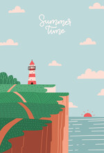 Summer Postcard Template With Lighthouse On The Bank Slope, Seashore Landscape. Sea Landscape With Beacon On Cliff And Setting Sun. Vector Flat Hand Drawn Illustration With Lettering - Summer Time.