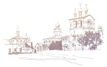 Vector Traced Ink And Pen Hand Drawn Landscape, Gold Colored Sketch Of Monastery Of Saints Boris And Gleb In The City Of Yaroslavl, Russia 