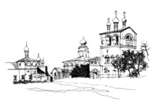 Vector Traced Ink And Pen Hand Drawn Landscape, Black And White Sketch Of Monastery Of Saints Boris And Gleb In The City Of Yaroslavl, Russia 