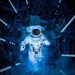 Wall Mural - astronaut in airlock - 3d illustration of science fiction space suited figure exploring alien ship