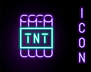 Poster - Glowing neon line Detonate dynamite bomb stick and timer clock icon isolated on black background. Time bomb - explosion danger concept. Colorful outline concept. Vector
