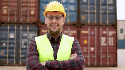 Wall Mural - Engineer male industrial worker man smiling at camera at shipping freight terminal port