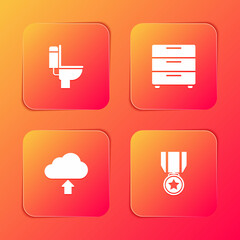 Sticker - Set Toilet bowl, Furniture nightstand, Cloud upload and Medal with star icon. Vector