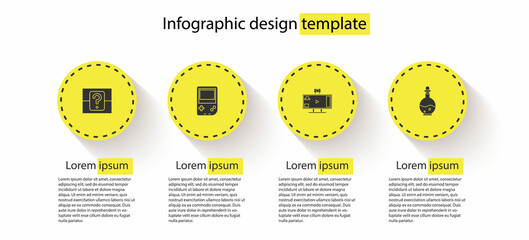Poster - Set Mystery or random box, Portable video game console, Live streaming online and Bottle with magic elixir. Business infographic template. Vector