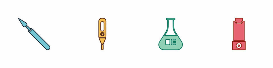 Sticker - Set Medical surgery scalpel, digital thermometer, Test tube and flask and Inhaler icon. Vector