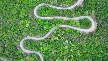 Wall Mural - video 4k motion. Beautiful aerial view morning forest on mountain and road with green mountains.