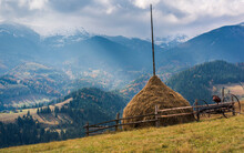 Haystack On The Background Of Carpathian Mountains 