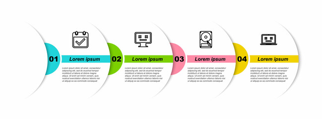 Canvas Print - Set line Calendar with check mark, Dead monitor, Hard disk drive HDD and laptop. Business infographic template. Vector