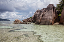 Paradise Tropical Beach In Seychelles In Cloudy Day