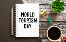 Happy World Tourism Day Touristic Decorative Items, Plane, Vessel, Seashells On Bright Yellow Background.