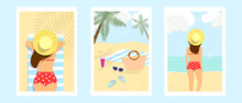 Vector Summer Time Illustration Card With Pin Up Girl In Hat Relaxing On The Beach With Palm Trees. Retro Posters Set.