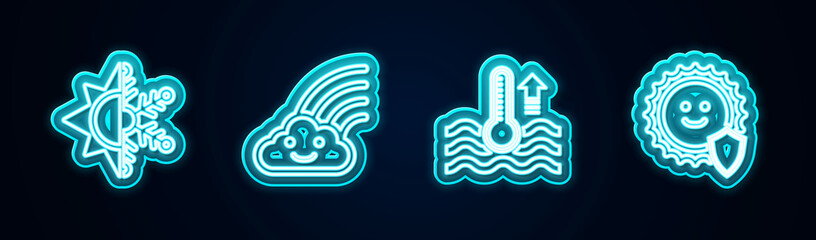 Sticker - Set line Sun and snowflake, Rainbow with cloud, Water thermometer and UV protection. Glowing neon icon. Vector