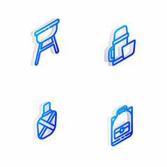 Sticker - Set Isometric line Thermos container and cup, Barbecue grill, Canteen water bottle and Hiking backpack icon. Vector