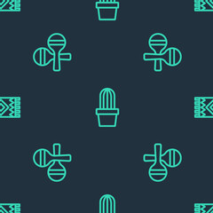 Sticker - Set line Cactus or succulent in pot, Maracas and Mexican carpet on seamless pattern. Vector