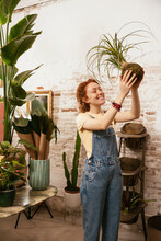Cheerful Woman With Green Beaucarnea Recurvata Plant
