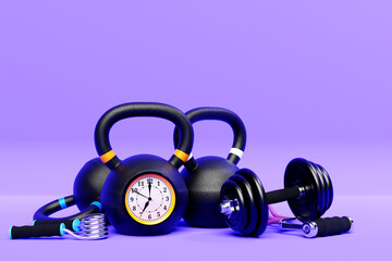 Wall Mural - Training weights with clock  on purple  isolated background. Dumbbells, kettlebell.