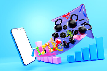 Canvas Print - 3D colorful illustration of a modern smartphone with a panel with sports equipment. the concept of online workouts, fitness training