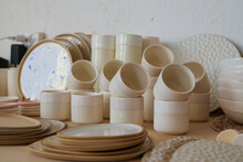 Handmade Glasses And Plates In A Ceramic Studio