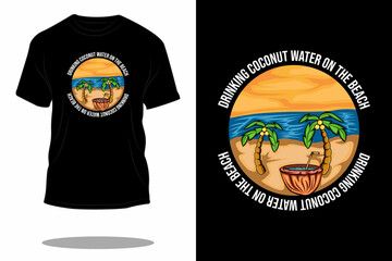 Wall Mural - Drinking coconut water on the beach retro t shirt design