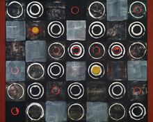 An Abstract Painting; A Grid Of Stamped Circles On A Dark Background