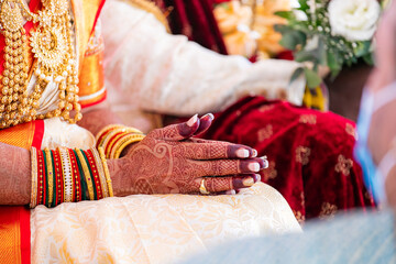 Indian Hindu bride's wedding henna mehendi mehndi hands close up