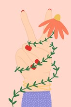 Woman Hand Victory Sign And Flower Illustration