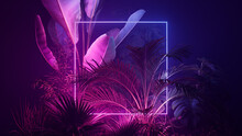 Pink And Blue Neon Light With Tropical Plants. Square Shaped Fluorescent Frame In Jungle Environment.