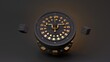 Roulette with gold elements, playing chip and black dice. Black casino elements with gold inserts. 3d rendering illustration.