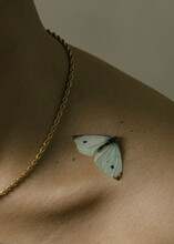 Gold Necklace With A Moth On Model