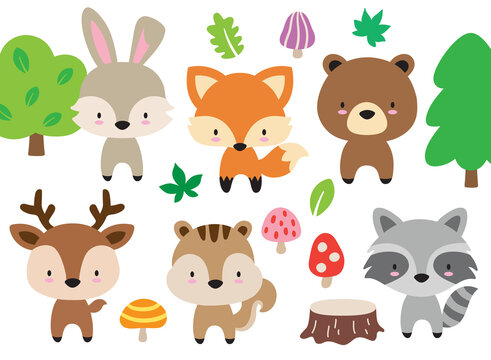 Fototapete - Cute woodland forest animal set including a bear, fox, rabbit, deer, squirrel, and raccoon vector illustration.
