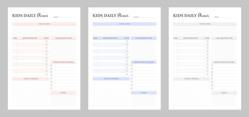 Wall Mural - Cute kids daily planner. Kids daily planner template. Kids schedule design template. Kids notebook page template. Collection of daily planner cute kids. School scheduler and organizer.