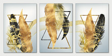 3d Drawing Art Mural Modern Wall Frame. Golden, Black Feathers And Triangles With Marble In Light Gray Background	
