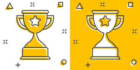 Wall Mural - Trophy cup icon in comic style. Goblet prize cartoon vector illustration on isolated background. Award splash effect sign business concept.