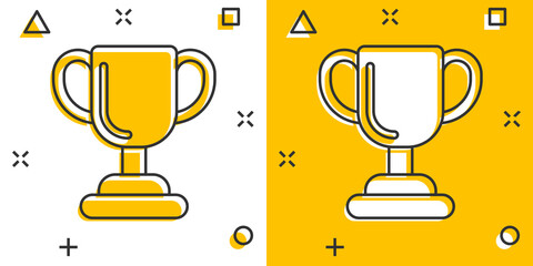 Trophy cup icon in comic style. Goblet prize cartoon vector illustration on isolated background. Award splash effect sign business concept.