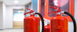 Fire extinguisher, Close-up red fire extinguishers tank in building concepts of fire equipment for security protection and prevent or prevention emergency and safety rescue or alarm system training.