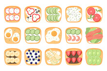 Set Of Sandwiches With Vegetables. Toast With Eggs, Tomatoes, Shrimp, Fish, Cucumbers, Avocado. A Set Of Sandwiches With Fruits And Berries. Vector Illustration.Healthy Breakfasts.