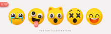 Set Icon Smile Emoji. Realistic Yellow Glossy 3d Emotions Face, Crying Tears, Surprised Cat, Laughing, Dizzy. Crazy Smile. Pack 11. Vector Illustration