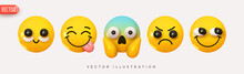 Set Icon Smile Emoji. Realistic Yellow Glossy 3d Emotions Face Silly Smile, Cosmetic Patches, Teasing, Screaming In Fear, Fright, Frowning. Pack 20. Vector Illustration