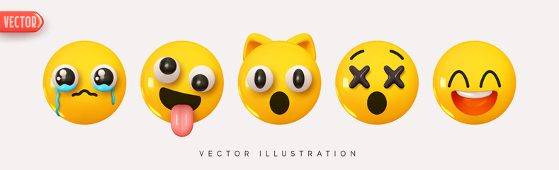 Aufkleber - Set Icon Smile Emoji. Realistic Yellow Glossy 3d Emotions face, crying tears, surprised cat, laughing, dizzy. crazy smile. Pack 11. Vector illustration