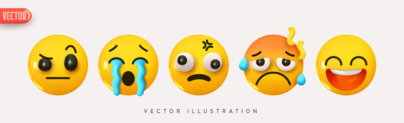 Wall Mural - set icon smile emoji. realistic yellow glossy 3d emotions face happy smile, headache, tears from eye