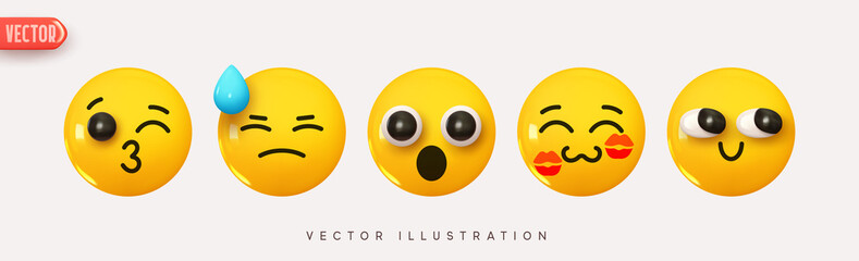 Wall Mural - Set Icon Smile Emoji. Realistic Yellow Glossy 3d Emotions face happy smile, surprised, shocked, shy, kiss on the cheek, tense. Pack 15. Vector illustration