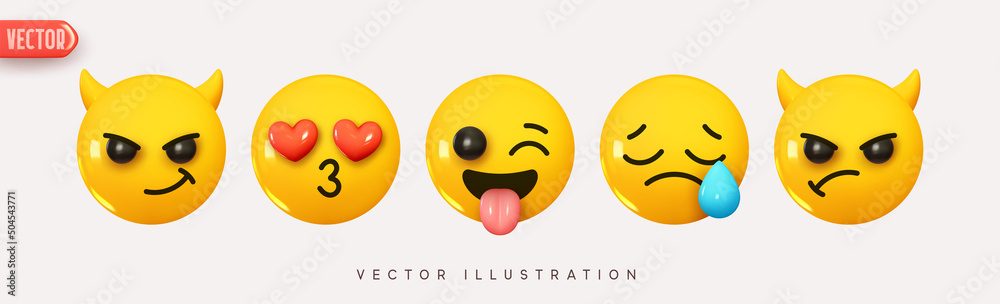 Set Icon Smile Emoji. Realistic yellow glossy 3d emotions face ...