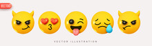 Set Icon Smile Emoji. Realistic Yellow Glossy 3d Emotions Face. Emoticons Collection. Pack 36. Vector Illustration