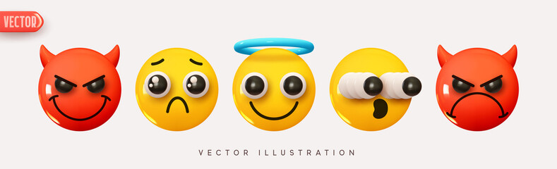 Wall Mural - set icon smile emoji. realistic yellow glossy 3d emotions face. emoticons collection. pack 35. vecto