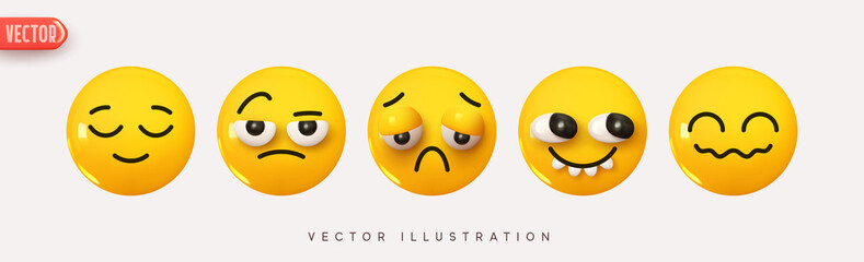 Wall Mural - set icon smile emoji. realistic yellow glossy 3d emotions face. emoticons collection. pack 37. vecto