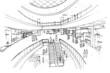 mall sketch drawing,Fashion shops and people walking around.,Modern design,vector,2d illustration