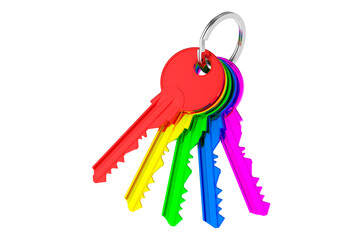 Poster - Colored keys on a keyring, 3D rendering