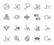 Vector set of voice line icons. Contains icons voice control, sound, whisper, shout, voice message, singing, sound wave, voice recognition and more. Pixel perfect.